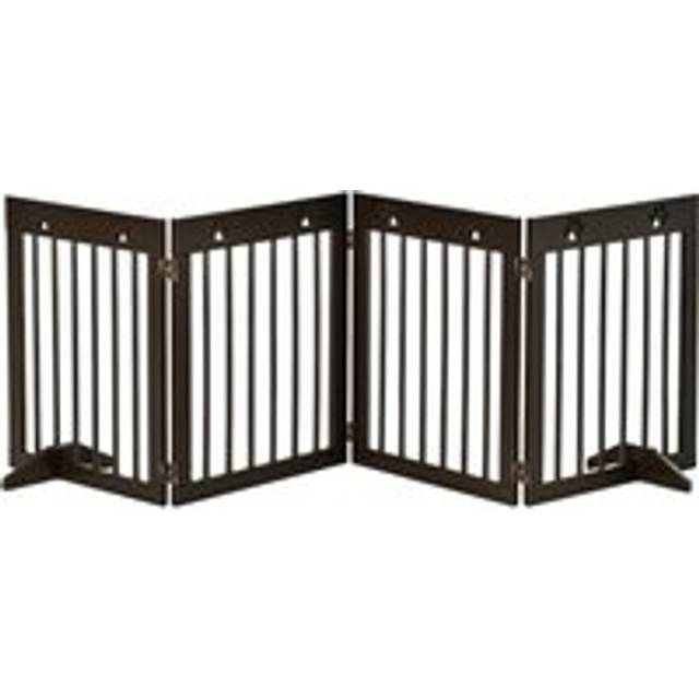 PawHut Freestanding Pet Gate 4 Panel Wooden Dog Barrier Folding Safety Fence with Support Feet up to 204cm Long 61cm Tall for Doorway Stairs Brown