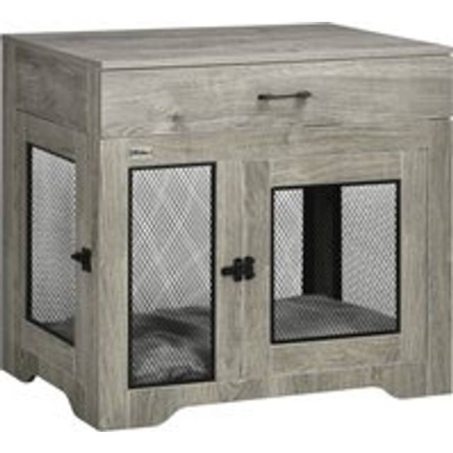 Pawhut Indoor Use Dog Crate Furniture With Cushion, Double Doors Pet Kennel End Table With Drawer For Medium Dogs, Grey