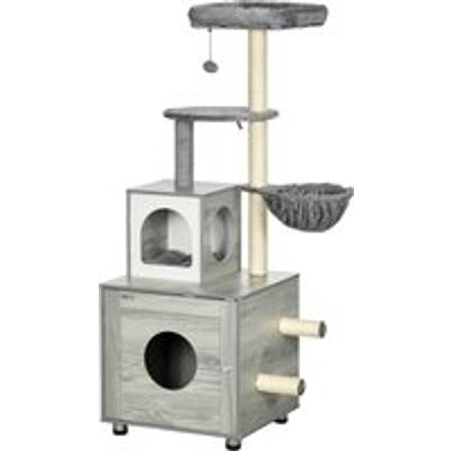Pawhut Enclosed Cat Litter Box With Cat House, Cat Bed, Scratching Posts, Platforms For Indoor Cats Use, Grey