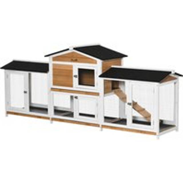 Two-tier wooden rabbit hutch guinea pig hutch w/ two runs, slide-out tray, ramp