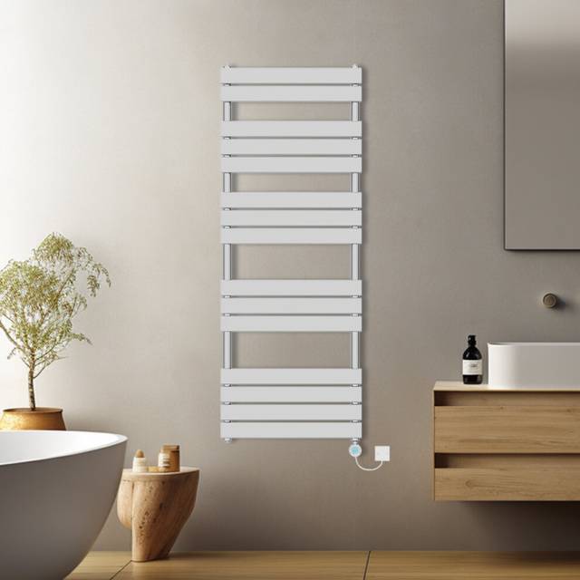 (Chrome, 1600x600mm) Pre-filled Electric Heated Towel Rail Radiator Flat Panel Thermostatic