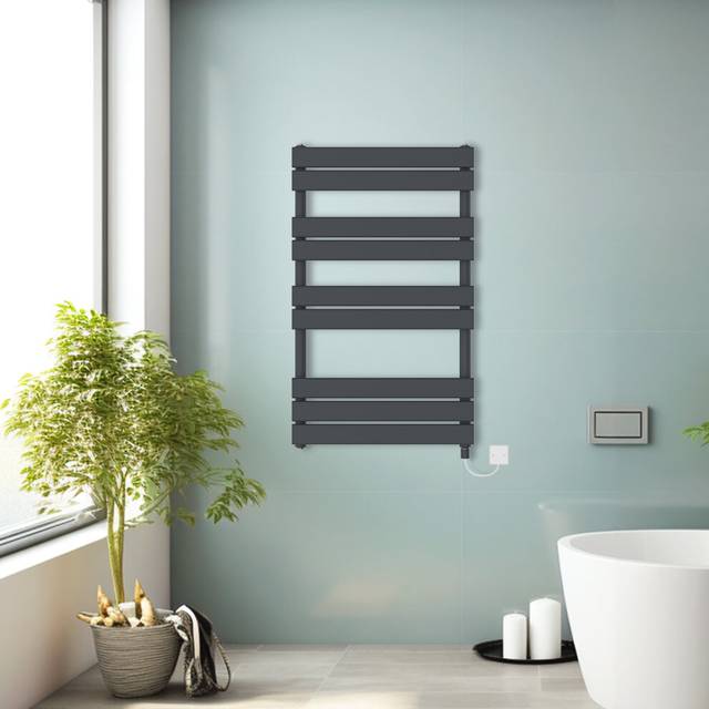 (Anthracite, 1000x600mm) Prefilled Electric Heated Towel Rail Radiator Flat Panel Warmer Ladder