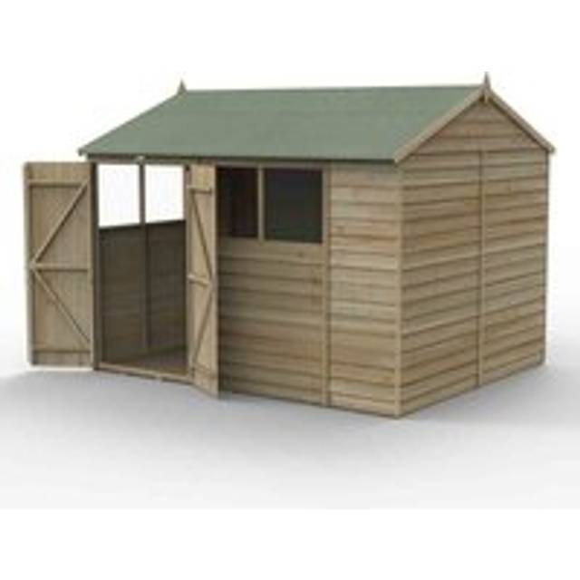 10' x 8' Forest 4Life 25yr Guarantee Overlap Pressure Treated Double Door Reverse Apex Wooden Shed - 4 Windows (3.01m x 2.61m)