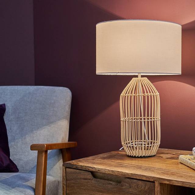 Minisun - Matt Black Rattan Table Lamp With Fabric Lampshade - White - Including led Bulb