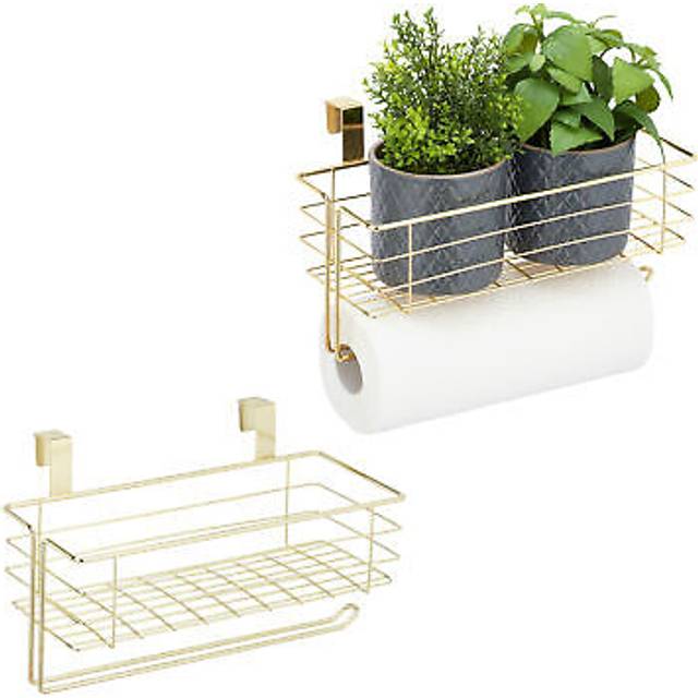 Relaxdays - Set of 2 Hanging Baskets, with Roll or Towel Holders, for Kitchen & Bathroom, Metal, hwd: 18x31x17 cm, Gold