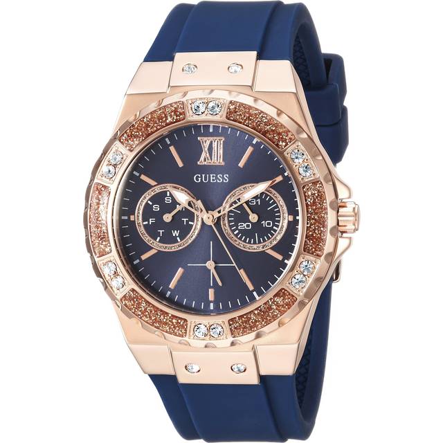 GUESS Stainless Steel Stain Resistant Silicone Watch with Day Date Functions Stainless Steel with Silicone Watch Women's + + (Blue/Rose Gold)