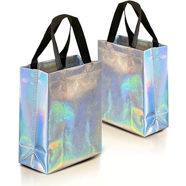 Nush Nush Iridescent Gift Bags Medium Size - Set of 12 Stunning Reusable Holographic Gift Bags With Black Handles - Perfect As Goodie Bags, Birthday