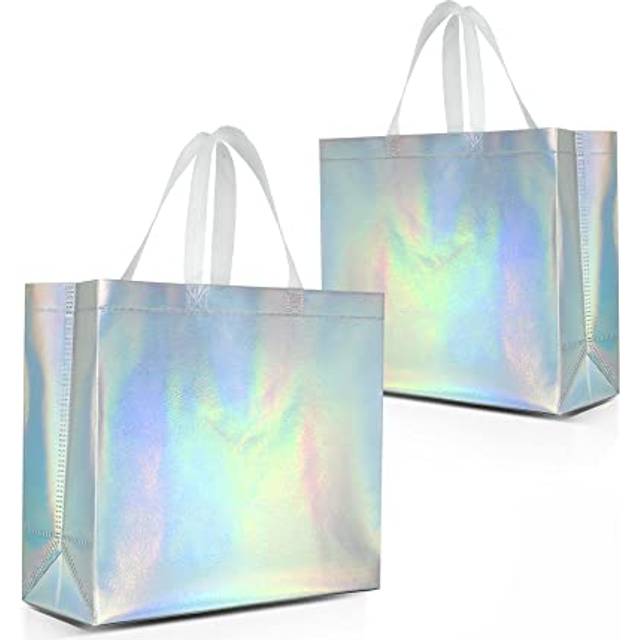Nush Nush Iridescent Gift Bags Large Size - Set of 12 Stunning Reusable Holographic Gift Bags With White Handles - Perfect As Goodie Bags, Birthday/P