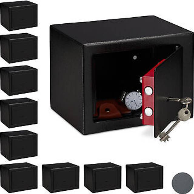 Relaxdays - Set of 10 Home Safes With Keys, Double-bit Lock, Fix To Wall/Floor, Mini Vault, hwd: 17x23x17 cm, Black