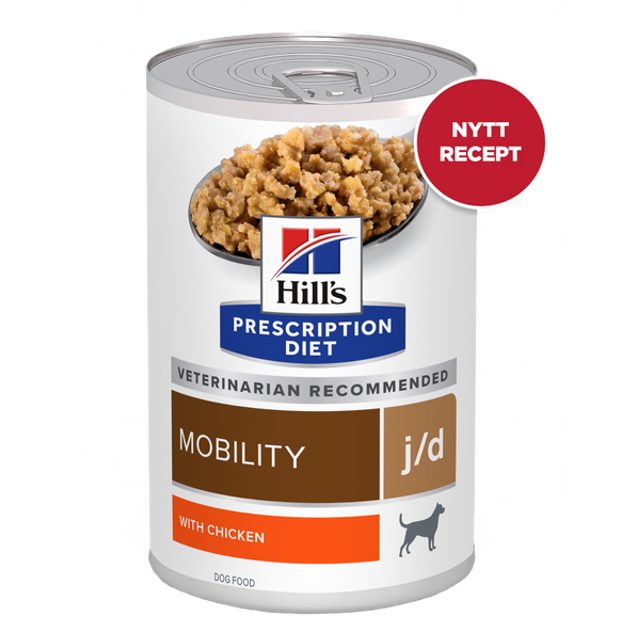 Hill's Prescription Diet J/D Mobility våtfoder med kyckling (burk). Förpackning: 1 bricka (12 x 370 g)