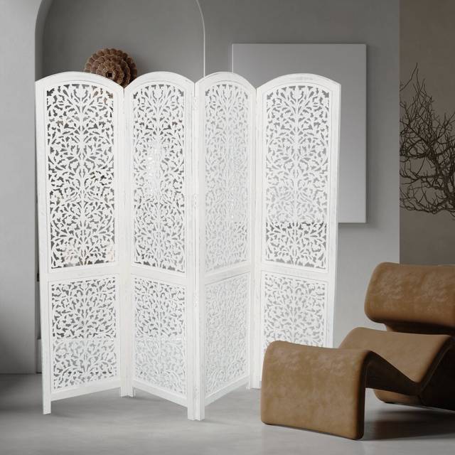 (WHITE) 4 Panel Kashmeri Jali Wooden Screen Room Divider