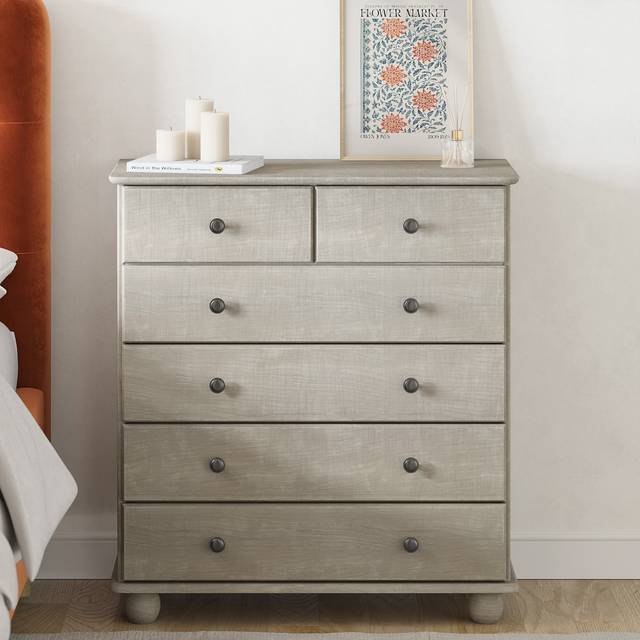 Light Wood with White Wash Chest of 6 Drawers - Hampton - Beige