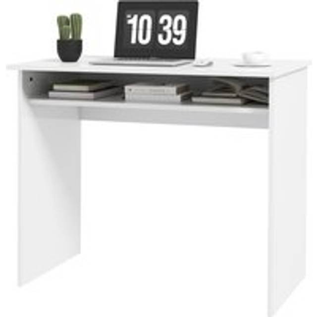 Homcom 90 X 50cm Computer Table, Modern Home Office Desk, Small Writing Desk With Storage Shelf, High Gloss White
