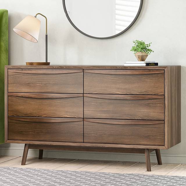 Wide Walnut Mid-Century Chest of 6 Drawers with Legs - Frances - Wood