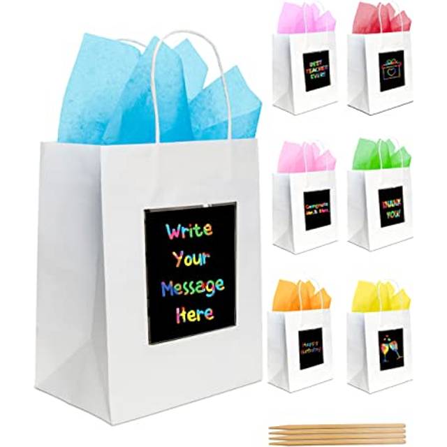 7 Premium Thank You Gift Bags - White Gift Bags Medium Size with Handles & Scratch Art Panel for Messages - Birthday Party Bags, Fathers Day Gift Bag,