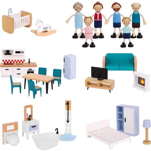 OOOK Wooden Dollhouse Furniture Set for Kids  26 Pcs Dollhouse Accessories with 4 Family Dolls and Dog  Miniature Doll House Furniture Toys