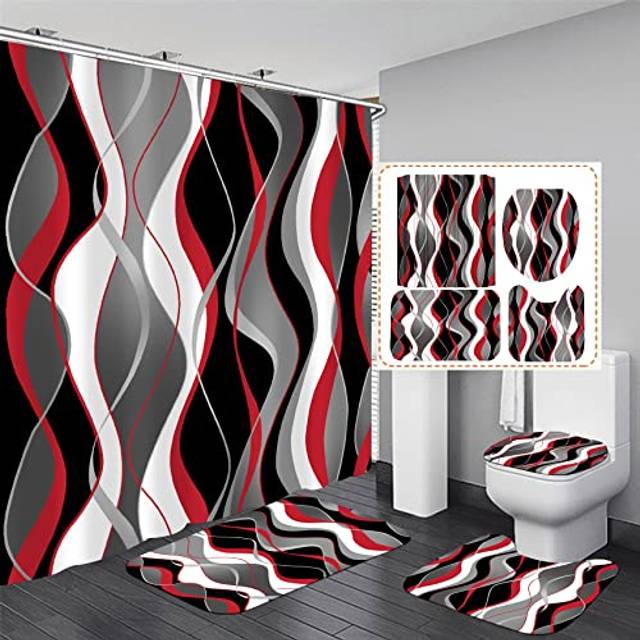 Nkzply 4 Pcs Red and Black Striped Shower Curtain Set Grey and White Bathroom Sets with Shower Curtain and Rugs Red Modern Home Bathroom Decor Shower