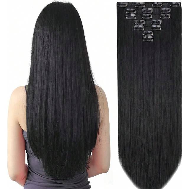 Clip In Hair Extensions 16 Clips 22 Inch 7st Set Svart Långt rakt hårförlängning för kvinnor Syntetiska hårförlängningar Hårstycken