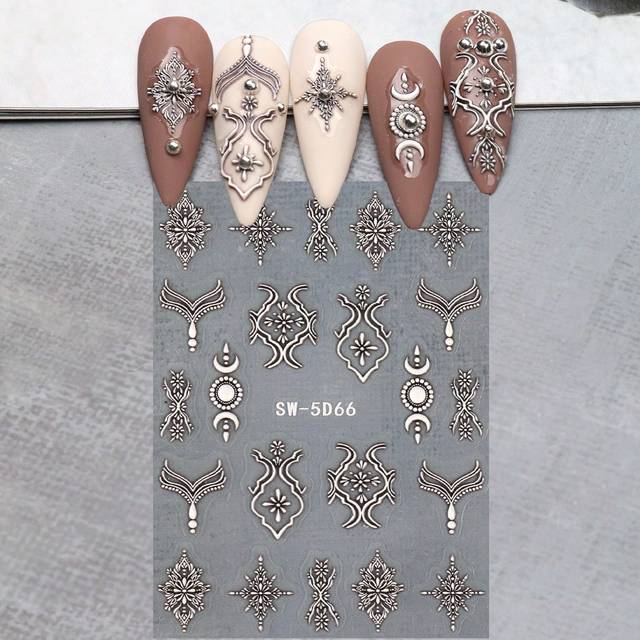 SHEIN 1pc Totem Relief Embossed Nail Sticker Decal,Silver 5D Self Adhesive Manicure Decoration Accessories Nail Supply For DIY Salon Design Nail Stickers