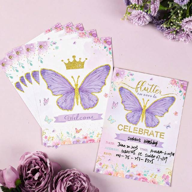 SHEIN 12pcs Purple Butterfly Style Paper Invitation Card, Invitation Letter For Gender Reveal Birthday Wedding Holiday Party,Christmas