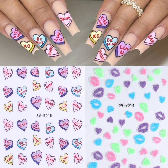 SHEIN Heart & Letter Nail Stickers 2pcs Romantic Valentines Manicure Sugar Glitter Heart Sexy Lips Confession Letter Design DIY 3D Nail Art Decoration