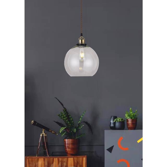 Vintage Smoked Glass Globe Pendant With Antique Brass Textile Twisted Wire Suspension, Ceiling Rose And Matching Metal Bulbholder Set - Clear (25cm H X 25cm W X 25cm D)