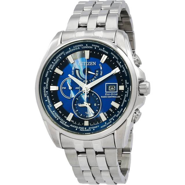 Citizen Eco-Drive Perpetual Calendar GMT Chronograph Stainless Steel Blue Dial Diver's AT9120-89L 200M Men's Watch blue
