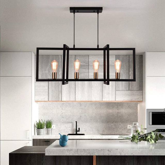 Billal 4-Light Kitchen Island Rectangle Pendant - Black (35cm H X 90cm W)