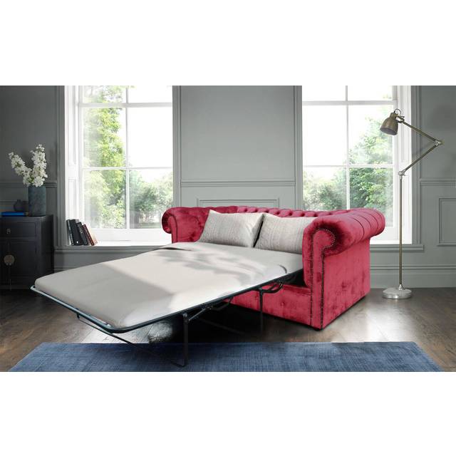 Chesterfield Genuine 2 Seater Sofa Bed Modena Pillarbox Red Velvet Fabric In Classic Style