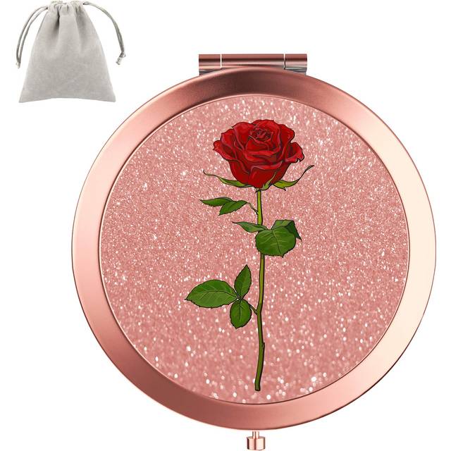 Dynippy Compact Mirror Rose Gold Makeup Mirror Folding Mini Pocket Mirror Portable Hand Mirror Double-Sided 2 x 1x Magnification for Woman Girls A-Red
