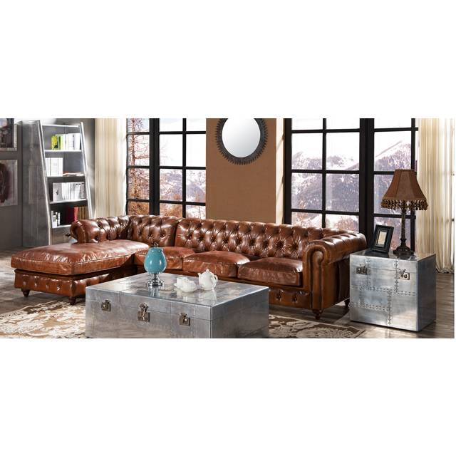Vintage Genuine Chesterfield Buttoned Corner Sofa Distressed Real Leather - Brown - 4 Seater