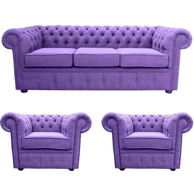 Chesterfield Handmade 3 Seater + 2 x Club chairs Verity Purple Fabric Sofa Suite - Suite Offers