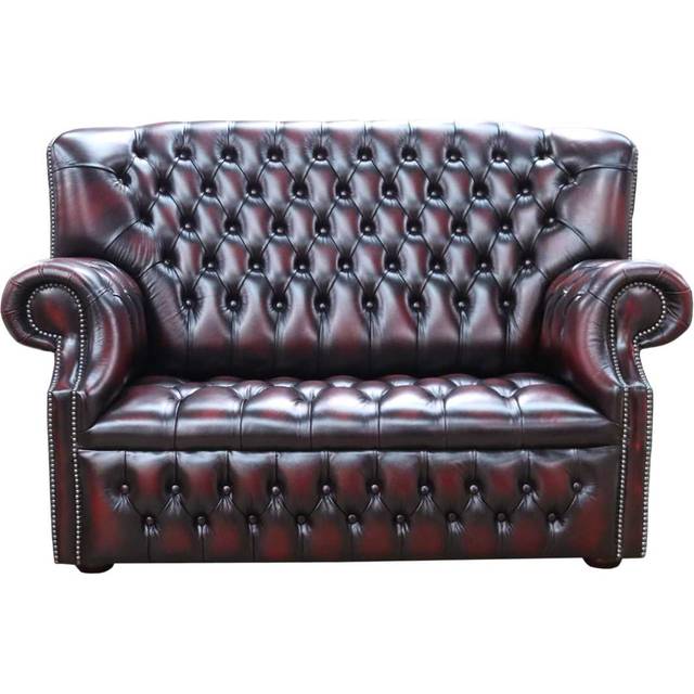 Chesterfield 2 Seater Buttoned Seat Sofa Antique Oxblood Leather In Monks Style - Red