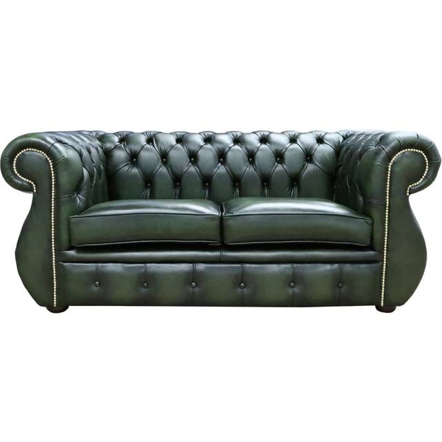 Chesterfield Original 2 Seater Sofa Antique Green Real Leather In Kimberley Style