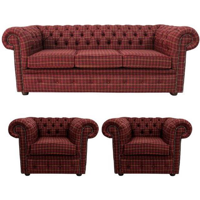 Chesterfield Original Arnold 3 Seater Balmoral Claret Wool Check Sofa Suite In Classic Style - Red - Suite Offers