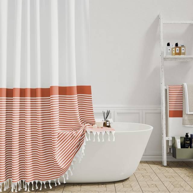Dynamene Orange Fabric Shower Curtain, Farmhouse Boho Striped Tassel Shower Curtain for Bathroom, Bohemian Textured Cloth Shower Curtain Set with Hook
