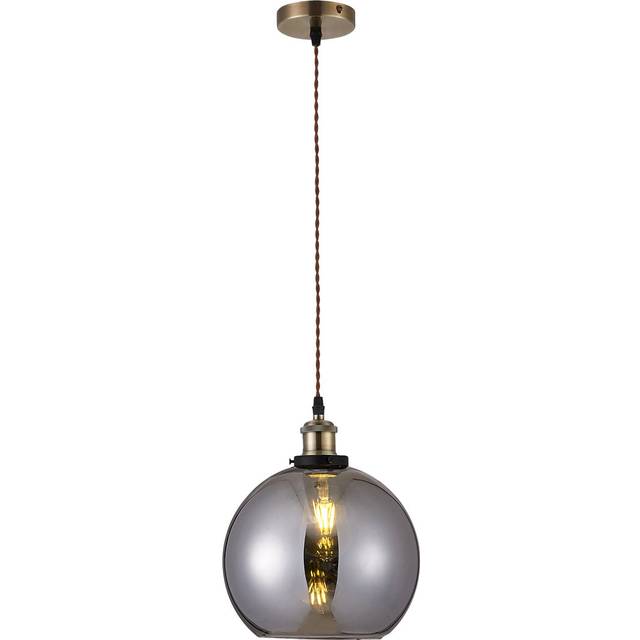 Vintage Smoked Glass Globe Pendant With Antique Brass Textile Twisted Wire Suspension, Ceiling Rose And Matching Metal Bulbholder Set (25cm H X 25cm W X 25cm D)