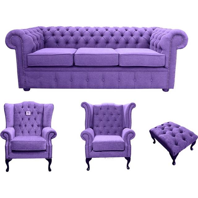 Chesterfield 3 Seater + Mallory Chair + Queen Anne Chair + Footstool Verity Purple Fabric Sofa Suite - Suite Offers