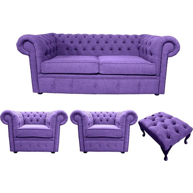 Chesterfield Handmade 2 Seater + 2 x Club chairs + Footstool Verity Purple Fabric Sofa Suite - Suite Offers