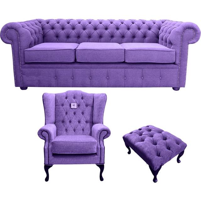 Chesterfield Original 3 Seater + Mallory Chair + Footstool Verity Purple Fabric Sofa Suite - Suite Offers
