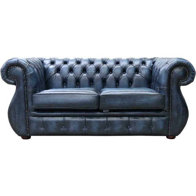 Chesterfield Original 2 Seater Sofa Antique Blue Real Leather In Kimberley Style