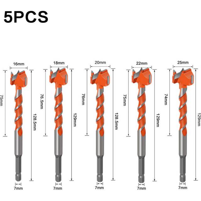 (5-piece set) 7mm Hex Shank Lengthen Core Drill Bit 16mm-25mm Woodworking Tools Hole Saw Cutter Hinge Boring Drill Bits