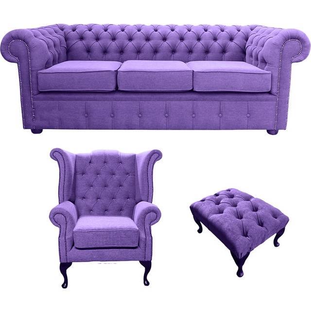 Chesterfield Genuine 3 Seater + Queen Anne Chair + Footstool Verity Purple Fabric Sofa Suite - Suite Offers