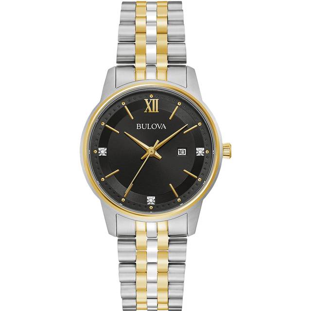 Bulova Ladies' Classic Diamond Two-Tone Gold Stainless Steel 3-Hand Calendar Date Quartz Watch Black Dial Style: 98P198