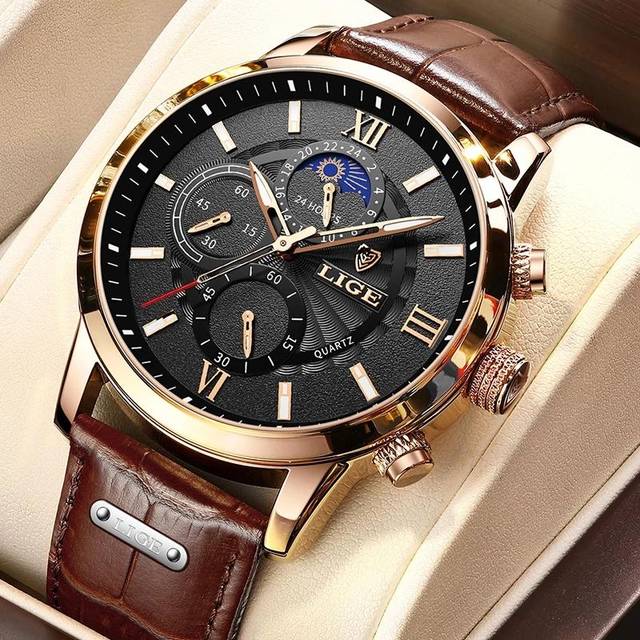 2021 LIGE Watches Mens Top Brand Luxury Clock Casual Leathe 24Hour Moon Phase Men Watch Sport Waterproof Quartz Chronograph+Box black/silver