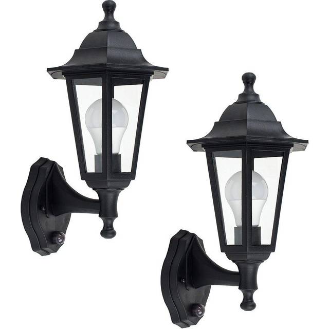 Pair of Traditional Style Black Outdoor Security PIR Motion Sensor IP44 Rated Wall Light Lanterns