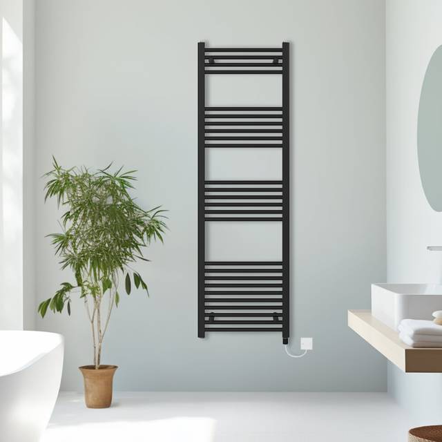 (Black, 1600x500mm) Prefilled Electric Straight Heated Towel Rail Radiator Ladder Warmer