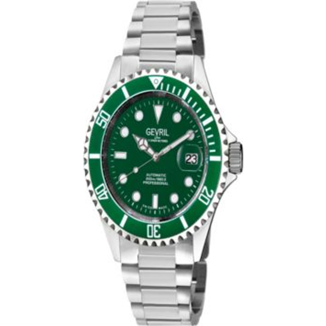 Gevril Mens Wall Street Green Emerald Dial, Ceramic Bezel Stainless Steel Bracelet - Silver - One Size