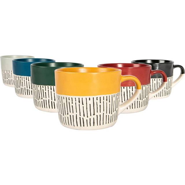 450ml Colour Block Dash Stoneware Coffee Mugs - Pack of Six - Multi