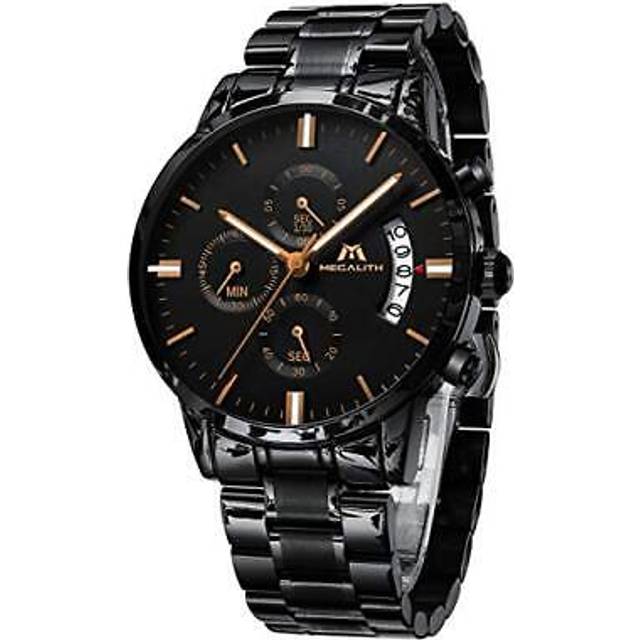MEGALITH Mens Black Watches Men Military Waterproof Chronograph Sport Stainless Steel Wrist Watch Business Dress Date Analogue Quartz Watches for Men